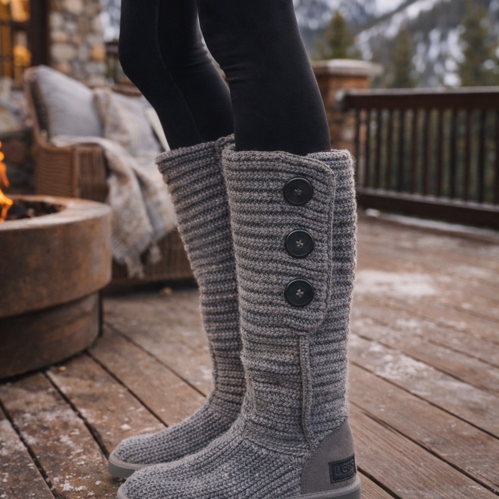UGG Australia Cardy Tall Knit Button Boots Gray‎ Womens Size 7